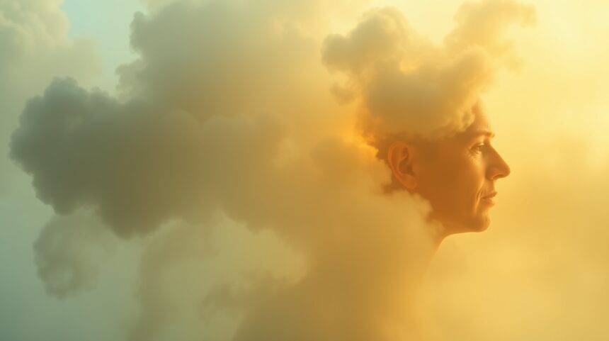 Silueta človeka vystupujúceho z oblakov, symbolizujúca dýchacie problémy.