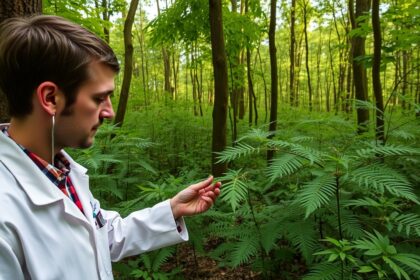 Odborník skúma rastliny v lese pre možné prínosy Manna Rax v liečbe rakoviny.