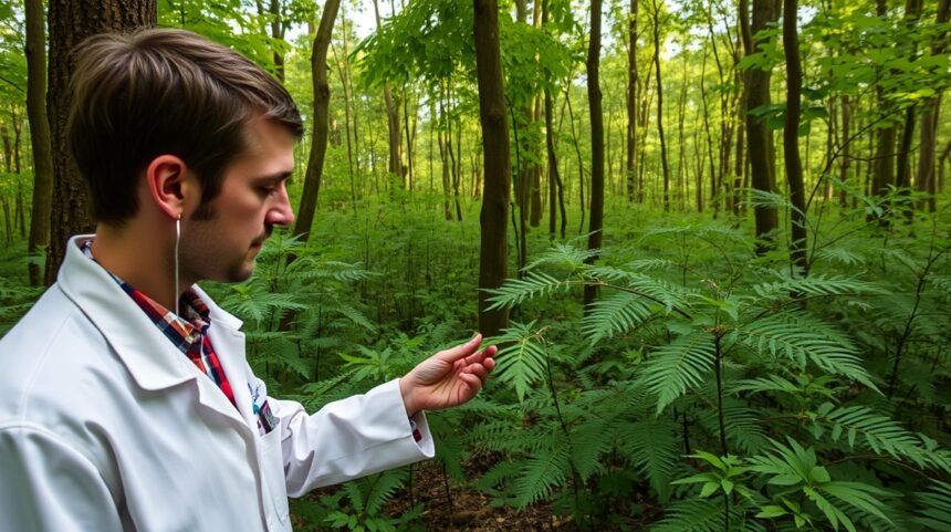 Odborník skúma rastliny v lese pre možné prínosy Manna Rax v liečbe rakoviny.