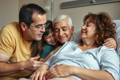 Rodina ukazuje podporu a lásku chorému členu počas chemoterapie.