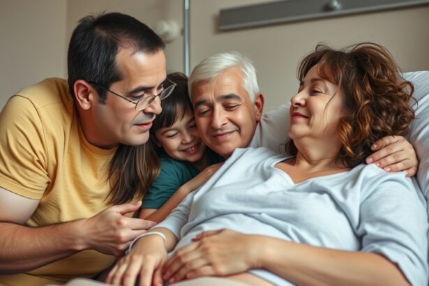Rodina ukazuje podporu a lásku chorému členu počas chemoterapie.