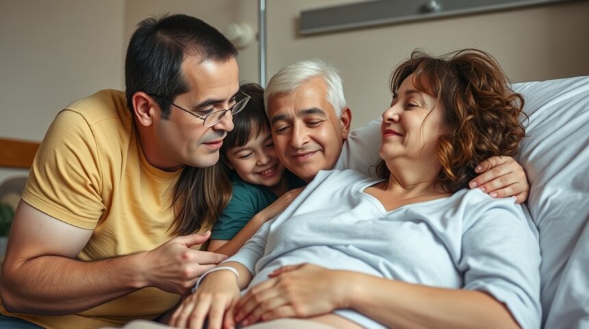 Rodina ukazuje podporu a lásku chorému členu počas chemoterapie.