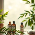 Fľaše neem oleja a rastliny na pozadí pre zdravú pleť