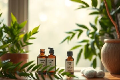 Fľaše neem oleja a rastliny na pozadí pre zdravú pleť