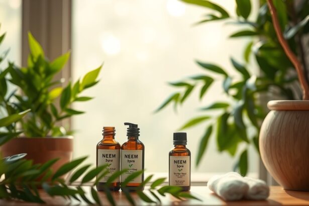 Fľaše neem oleja a rastliny na pozadí pre zdravú pleť