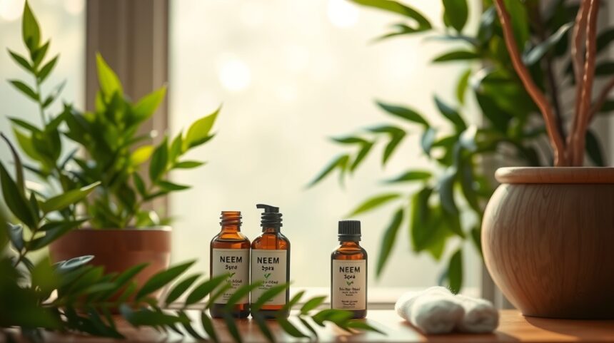 Fľaše neem oleja a rastliny na pozadí pre zdravú pleť