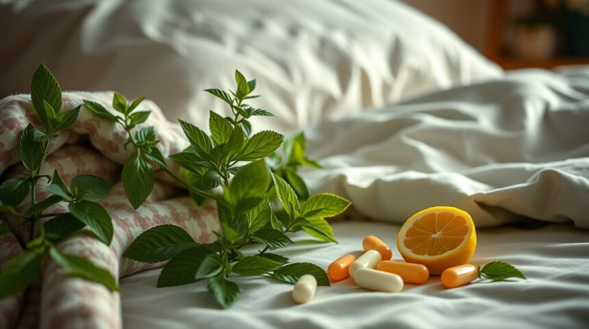 Citrónová tráva v tabletkách a čerstvé byliny na posteli