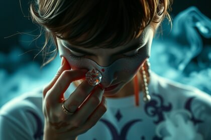 Žena so záujmom o drogách, zobrazená v atmosfére dymu.