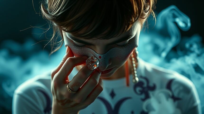 Žena so záujmom o drogách, zobrazená v atmosfére dymu.