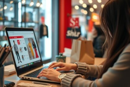 Žena nakupuje online na notebooku v modernom prostredí