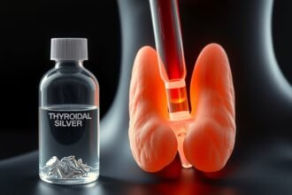 Fľaša so strieborným koloidom a model štítnej žľazy
