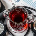 Pohár čierneho čaju a prístroje na meranie krvného tlaku