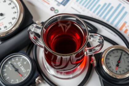 Pohár čierneho čaju a prístroje na meranie krvného tlaku