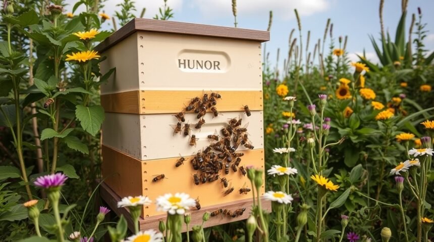 Úľ HUNOR v kvetinovej záhrade so včelami