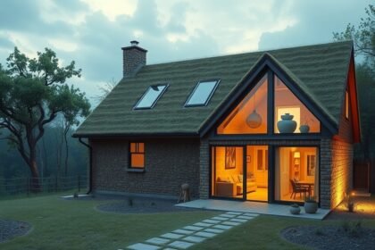 Udržateľný dom s kúrením slamenými balíkmi v krásnej prírode.