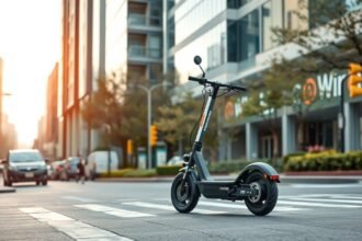 Elektrická kolobežka na mestskom chodníku s budovami v pozadí