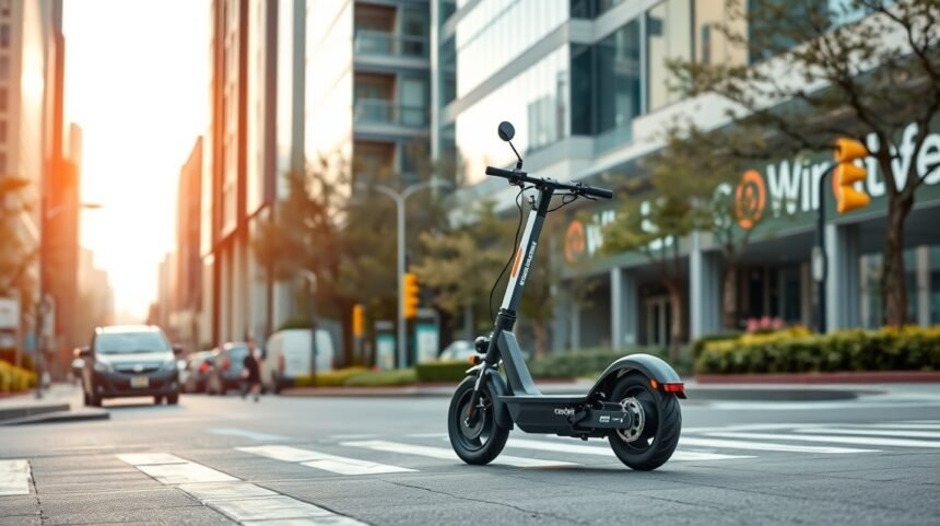 Elektrická kolobežka na mestskom chodníku s budovami v pozadí