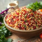 Miska s amarantom a farbenými semienkami na drevenom stole