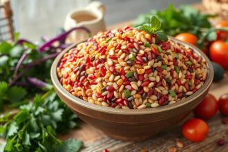 Miska s amarantom a farbenými semienkami na drevenom stole