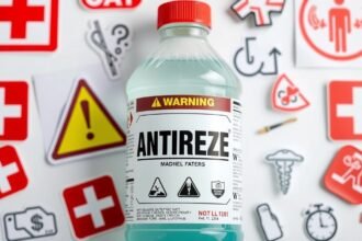 Fľaša nemrznúcej kvapaliny s varovnými symbolmi