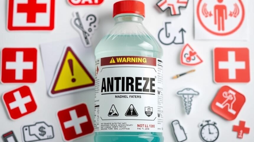 Fľaša nemrznúcej kvapaliny s varovnými symbolmi