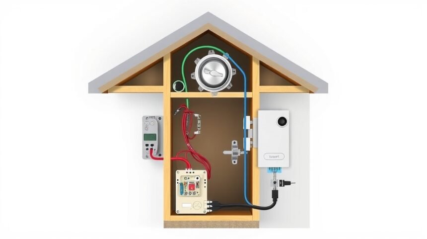 Vnútorné zobrazenie zvončeka so zapojením elektrických a mechanických komponentov.