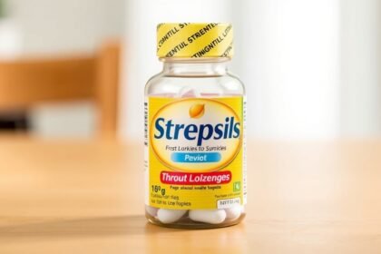 Strepsils pastilky na bolesť hrdla v plastovej fľaši.