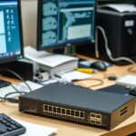 KVM prepínač pripojený k viacerým počítačom na pracovnej ploche.