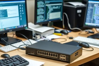 KVM prepínač pripojený k viacerým počítačom na pracovnej ploche.