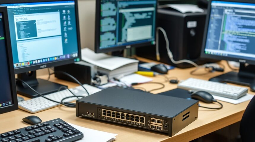 KVM prepínač pripojený k viacerým počítačom na pracovnej ploche.