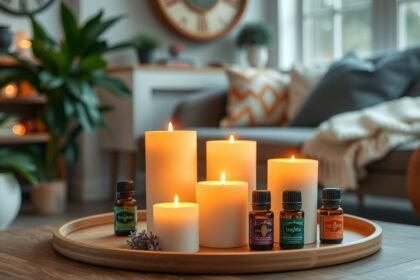 Aromaterapeutické sviečky a esenciálne oleje na stolíku v obývačke