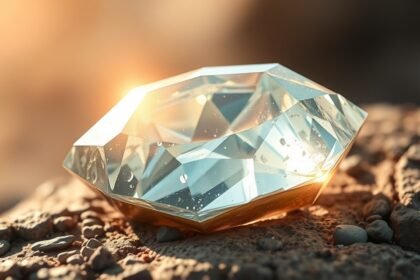 Priesvitný topázový kryštál ležiaci na kamene.