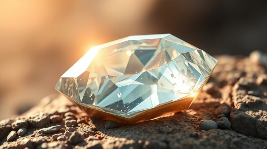 Priesvitný topázový kryštál ležiaci na kamene.