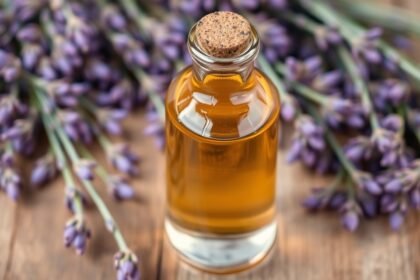 Fľaša domáceho levanduľového sirupu na drevenom stole s levanduľou