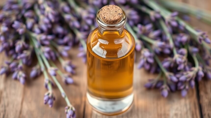Fľaša domáceho levanduľového sirupu na drevenom stole s levanduľou