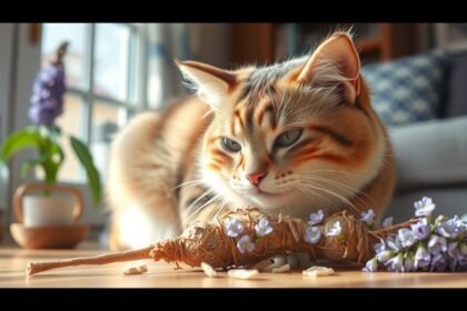 Mačka skúma valeriánu a kvety v domácom prostredí