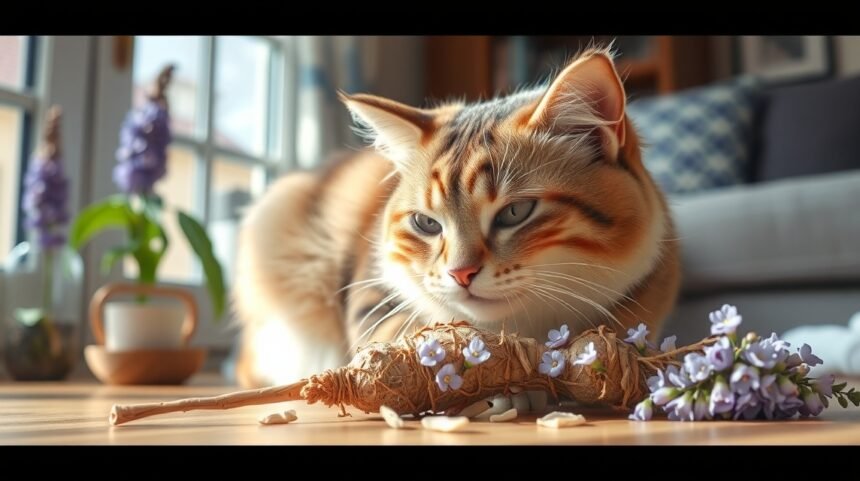 Mačka skúma valeriánu a kvety v domácom prostredí