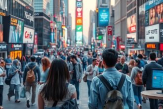 Ulice plné ľudí v digitálnej ére s modernými reklamami a technológiami.