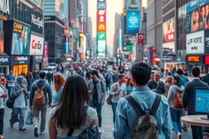 Ulice plné ľudí v digitálnej ére s modernými reklamami a technológiami.