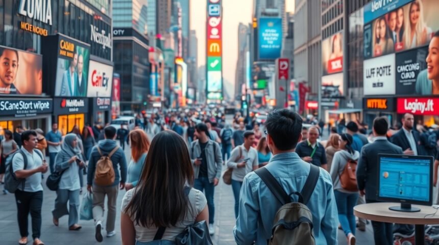 Ulice plné ľudí v digitálnej ére s modernými reklamami a technológiami.