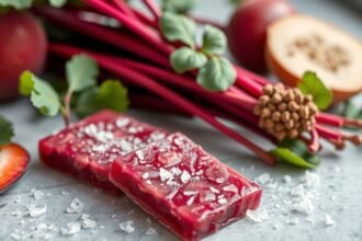 Sladidlo vyrobené z krumpľového cukru s prísadami ako rebarbora a jahody.