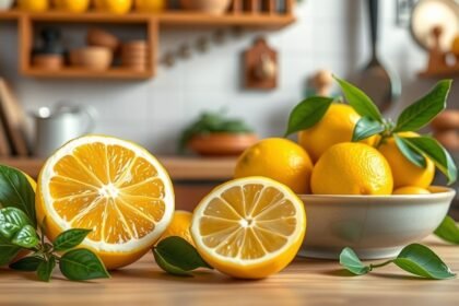 Citrón na drevenej doske s listami a miskou plnou citrónov