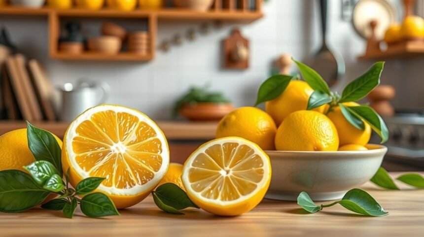 Citrón na drevenej doske s listami a miskou plnou citrónov