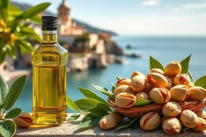 Fľaša pistáciového oleja vedľa košíka s pistáciami a prírodou