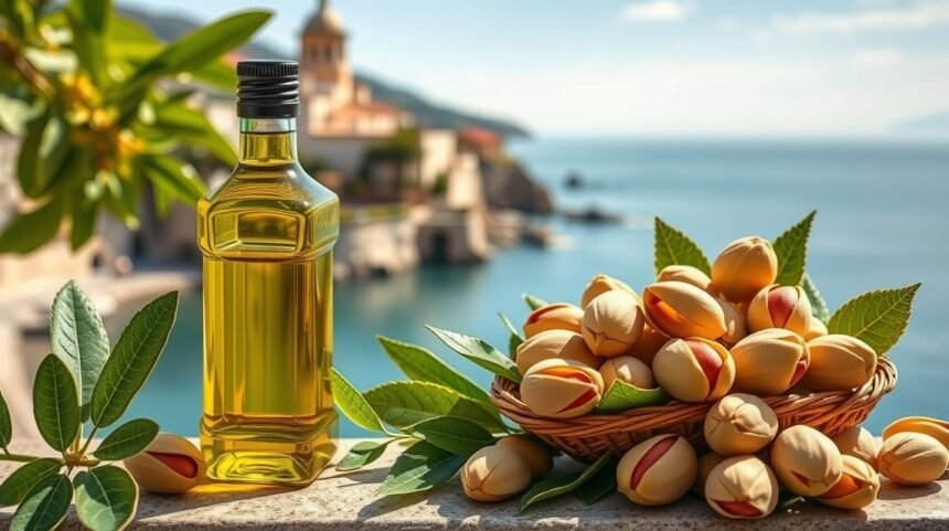 Fľaša pistáciového oleja vedľa košíka s pistáciami a prírodou