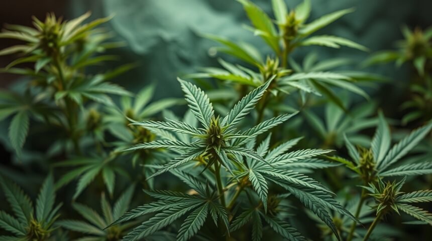 detail marihuanových rastlín s bohatými listami