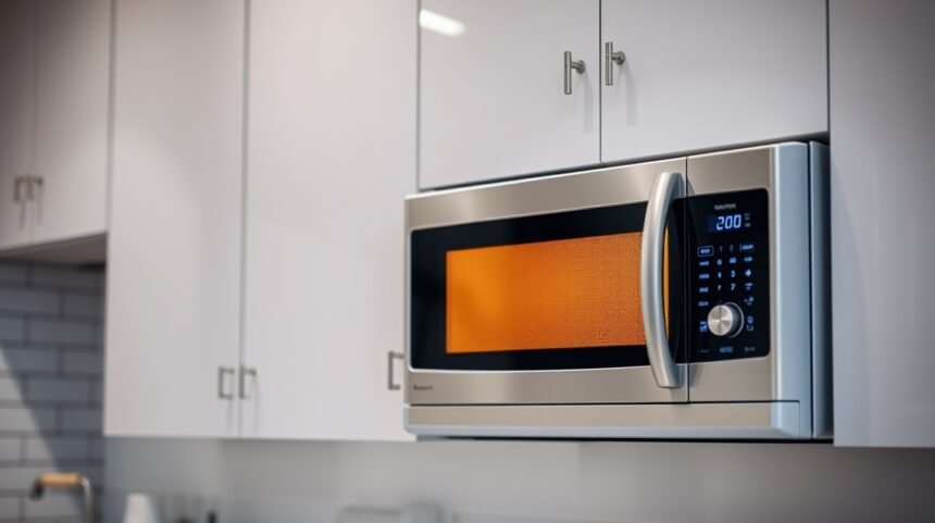 Moderná mikrovlnná rúra v kuchyni s digitálnym ovládaním.