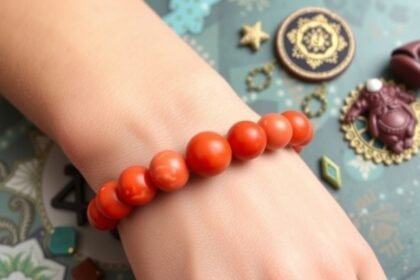 Korálový náramok na zápästí, symbol harmónie a ochrany.