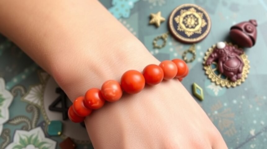 Korálový náramok na zápästí, symbol harmónie a ochrany.