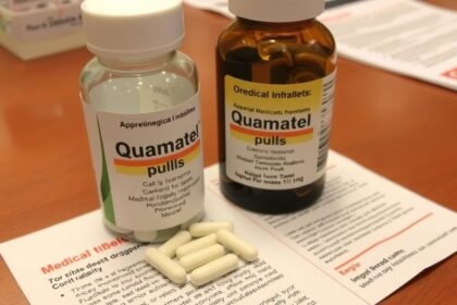 Dve fľaše Quamatelu a tabletky na stoloch s informáciami o lieku.